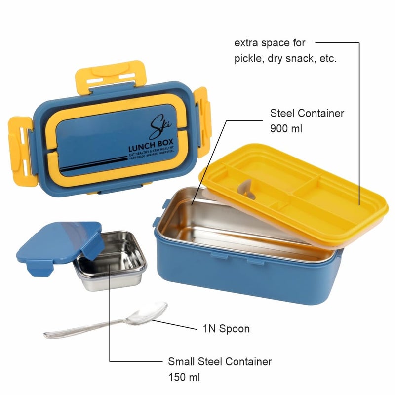 SKi Homeware SKI Buffet Stainless Steel Lunch Box with Steel subzi Container a Spoon and a partitionAirtight and Spill Proof Compact Easy to Clean for Adults and Kids 900ML Navy Blue - Image 2