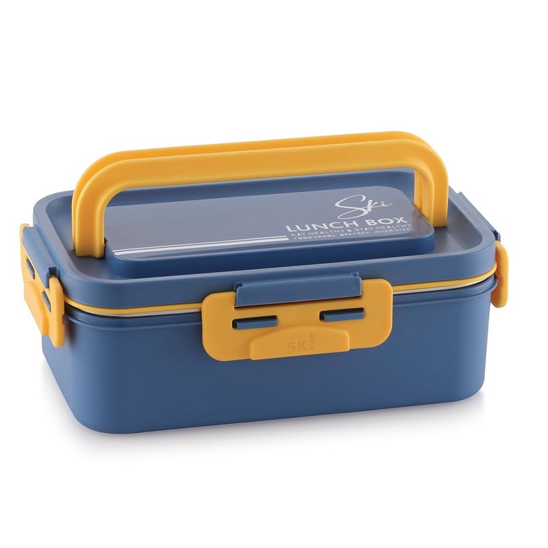 SKi Homeware SKI Buffet Stainless Steel Lunch Box with Steel subzi Container a Spoon and a partitionAirtight and Spill Proof Compact Easy to Clean for Adults and Kids 900ML Navy Blue - Image 1