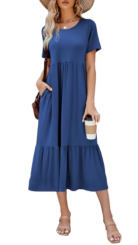 Jeqeocafy Summer Dresses for Women Flowy Maxi Sundress Short Sleeve Tiered Beach Dress with Pockets 2026 Vacation Travel Sea Blue - Image 1