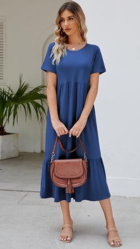 Jeqeocafy Summer Dresses for Women Flowy Maxi Sundress Short Sleeve Tiered Beach Dress with Pockets 2026 Vacation Travel Sea Blue - Image 3