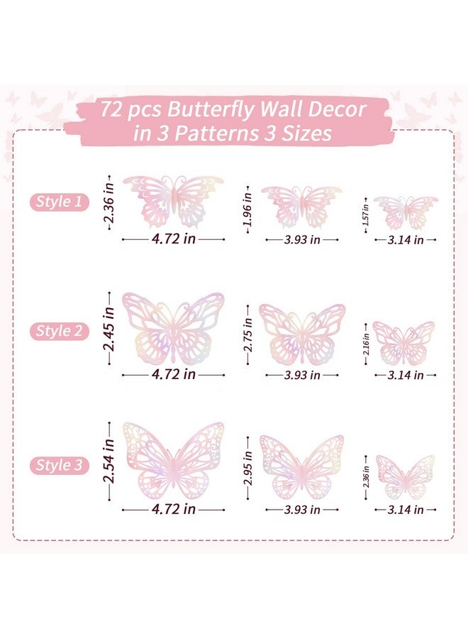 Aixoom 72 PCS Laser Pink Butterfly Decorations, 3D Butterfly Decorations with 3 Styles 3 Sizes, Removable Wall Decor Stickers - Image 2