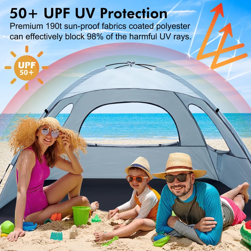 WhiteFang Beach Tent Anti-UV Portable Sun Shade Shelter for 3 Person, Extendable Floor with 3 Ventilating Mesh Windows Plus Carrying Bag, Stakes and Guy Lines (Sierra Blue) - Image 3