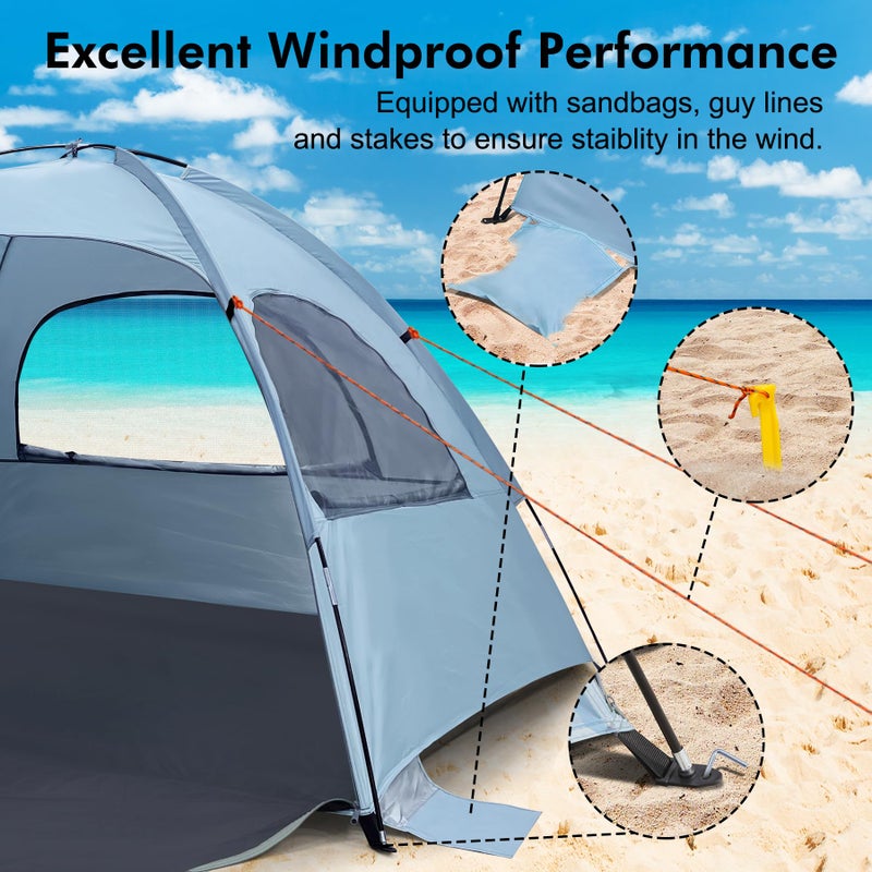 WhiteFang Beach Tent Anti-UV Portable Sun Shade Shelter for 3 Person, Extendable Floor with 3 Ventilating Mesh Windows Plus Carrying Bag, Stakes and Guy Lines (Sierra Blue) - Image 5