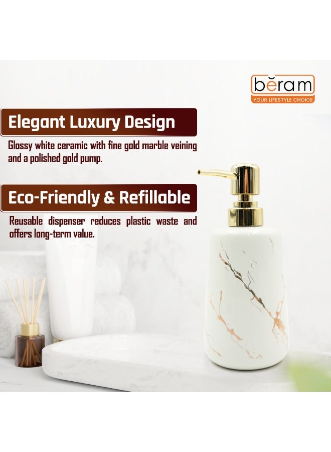 Beram Marble Soap Dispenser 400ml Multi-Purpose Ceramic Pump for Hand Soap Lotion Sanitizer or Shampoo Glossy White and Gold Marble Look Bathroom (Gold and White Round Tip) - Image 2
