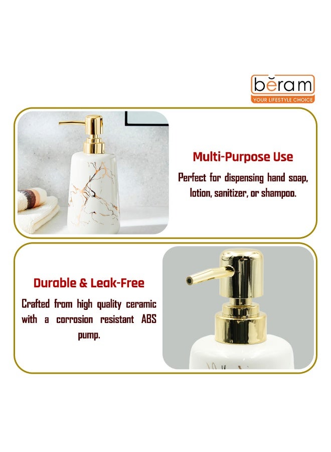 Beram Marble Soap Dispenser 400ml Multi-Purpose Ceramic Pump for Hand Soap Lotion Sanitizer or Shampoo Glossy White and Gold Marble Look Bathroom (Gold and White Round Tip) - Image 5