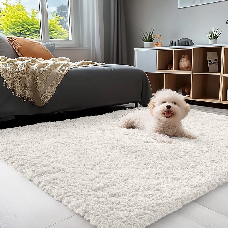 OLANLY 3x5 Machine Washable Small Bedside Rug Soft Fluffy Shaggy Rugs for Living Room Bedroom Indoor Floor Carpet for Kids Girls and Boys Preppy Dorms Nursery Home Decor Aesthetic Ivory - Image 2