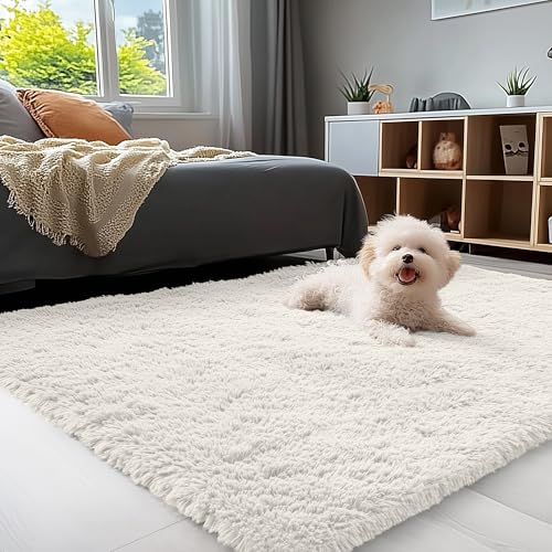 OLANLY 3x5 Machine Washable Small Bedside Rug Soft Fluffy Shaggy Rugs for Living Room Bedroom Indoor Floor Carpet for Kids Girls and Boys Preppy Dorms Nursery Home Decor Aesthetic Ivory - Image 1