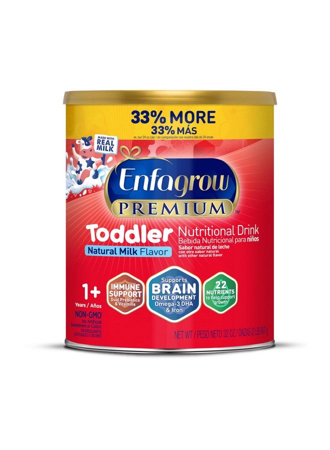 Enfagrow Premium Toddler Nutritional Drink, Made with Real Milk, Brain-Building Omega-3 DHA, Nutrients and Prebiotics for Growth & Immune Support, Non-GMO, Toddler Milk Powder, 32 Oz Can - Image 1