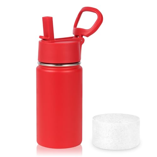 Volhoply 14oz KIds Stainless Steel Insulated Leakproof Water Bottle with Straw Lid and Silicone BootBPAFree Easy Use for BoysGirlsDouble Wall Vacuum BottlesRed1 - Image 1