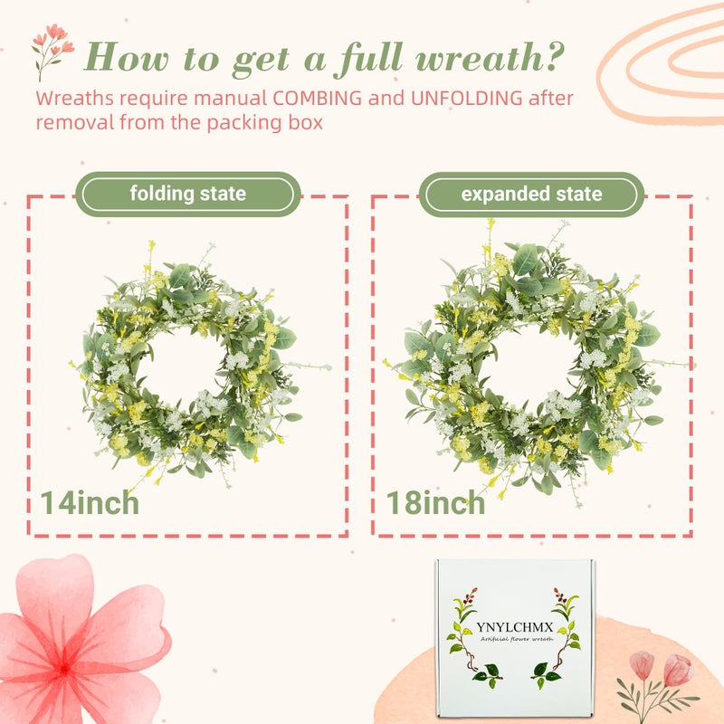 YNYLCHMX 18" Spring Summer Wreaths for Front Door, Artificial Floral Wreath with Yellow White Daisy & Green Eucalyptus Leaves, Green Foliage Wreath for Wall Window Farmhouse Party Holiday Home Decor - Image 3