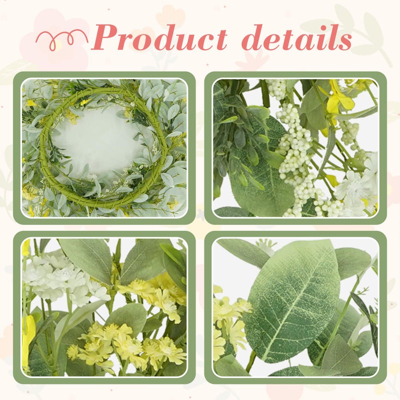 YNYLCHMX 18" Spring Summer Wreaths for Front Door, Artificial Floral Wreath with Yellow White Daisy & Green Eucalyptus Leaves, Green Foliage Wreath for Wall Window Farmhouse Party Holiday Home Decor - Image 4