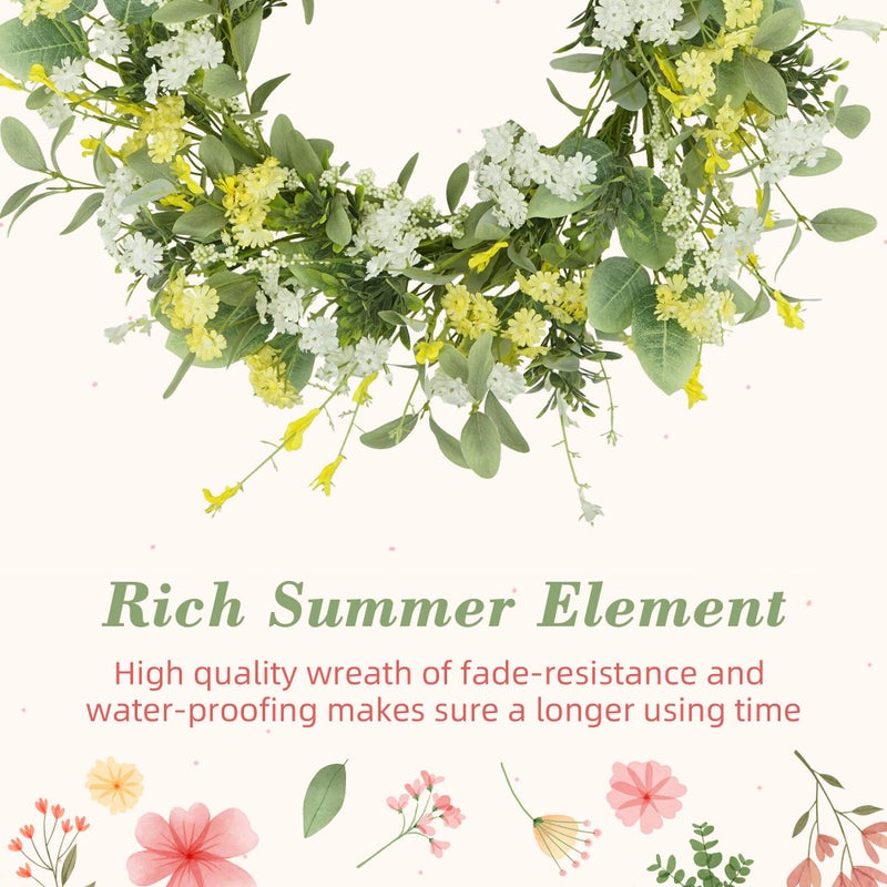 YNYLCHMX 18" Spring Summer Wreaths for Front Door, Artificial Floral Wreath with Yellow White Daisy & Green Eucalyptus Leaves, Green Foliage Wreath for Wall Window Farmhouse Party Holiday Home Decor - Image 5