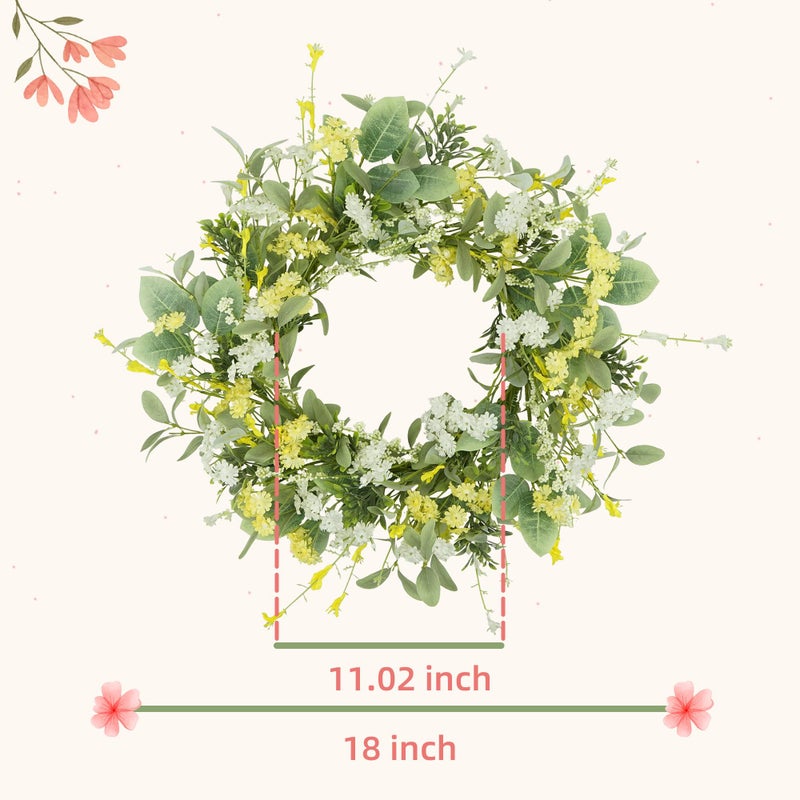 YNYLCHMX 18" Spring Summer Wreaths for Front Door, Artificial Floral Wreath with Yellow White Daisy & Green Eucalyptus Leaves, Green Foliage Wreath for Wall Window Farmhouse Party Holiday Home Decor - Image 2
