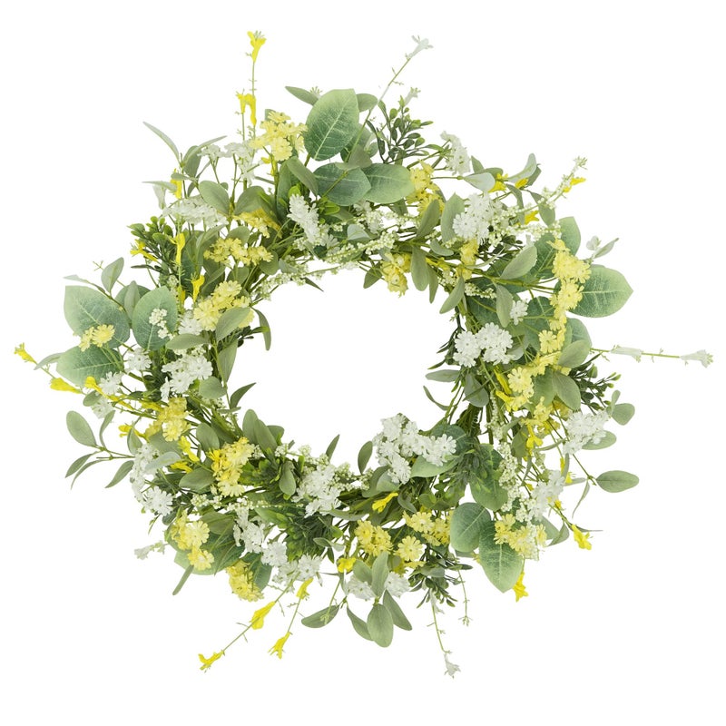YNYLCHMX 18" Spring Summer Wreaths for Front Door, Artificial Floral Wreath with Yellow White Daisy & Green Eucalyptus Leaves, Green Foliage Wreath for Wall Window Farmhouse Party Holiday Home Decor - Image 1