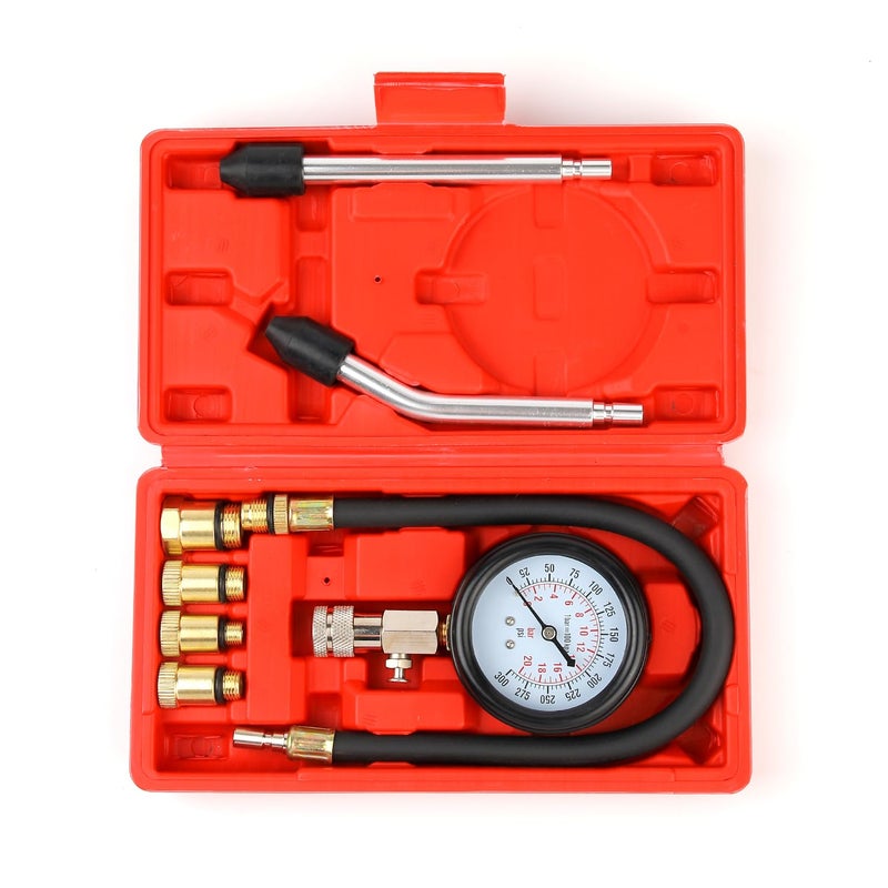 Compression Tester 8pcs Engine Compression Tester kit Professional Petrol Gas Engine Cylinder Pressure Gauge 0300 PSI Automotive Tool for Motorcycle Car Truck red