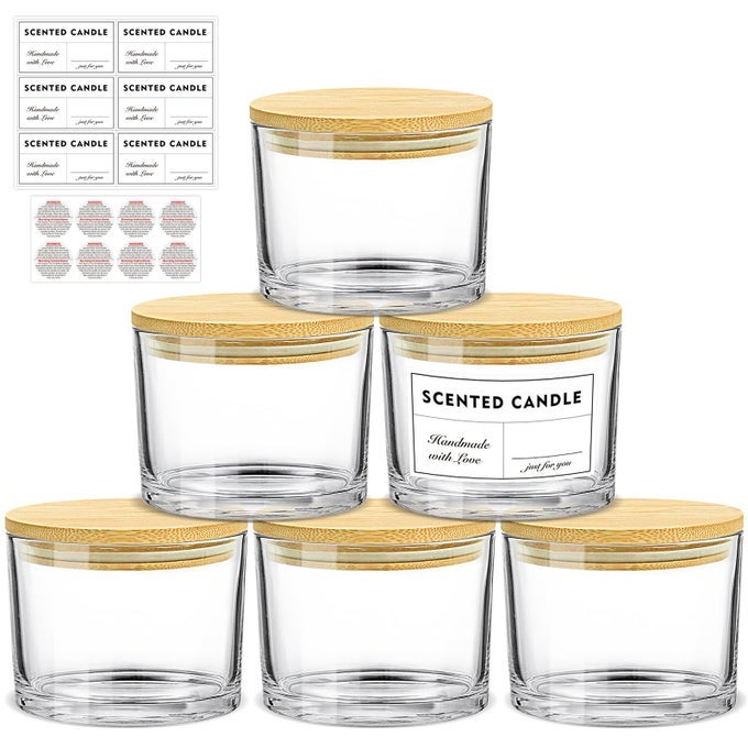 16OZ CANDLE JARS 6 PACK 3 WICK LARGE EMPTY CLEAR GLASS CANDLE MAKING VESSELS WITH BAMBOO LIDS WITH STICKERS AND LABELS BULK CANDLE JARS FOR MAKING CANDLES CONTAINERS DISHWASHER SAFE