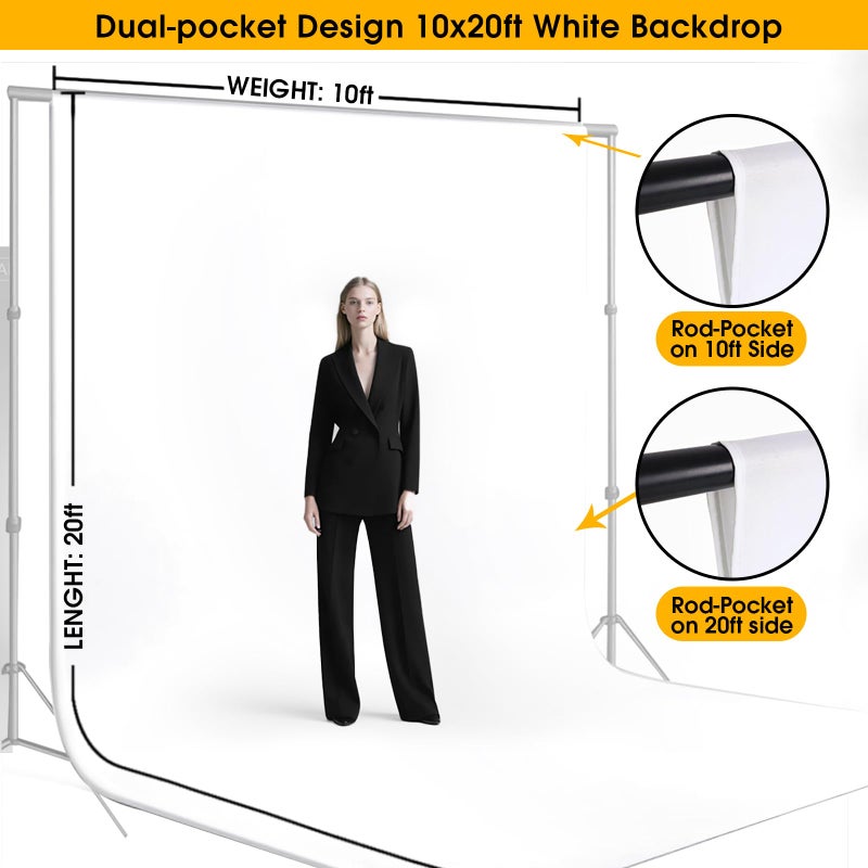 CPLIRIS 10x20ft White Backdrop for Photography, Dual-Size Dual-Pocket Design Photo Booth Background for Portrait Photoshoot, Party and Video with Both Options of 10 feet and 20 feet in Width - Image 2