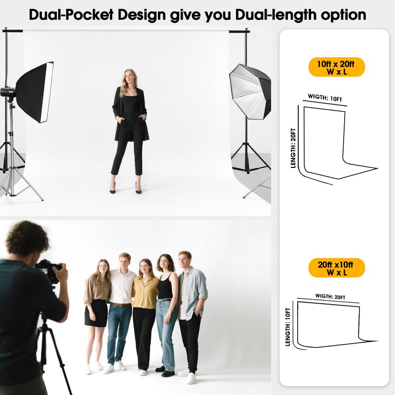 CPLIRIS 10x20ft White Backdrop for Photography, Dual-Size Dual-Pocket Design Photo Booth Background for Portrait Photoshoot, Party and Video with Both Options of 10 feet and 20 feet in Width - Image 3