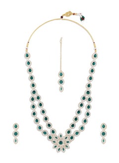 Green Stones Austrian Diamonds Flower Center Piece Necklace Earring Maangtikka Set For Women Zpfk17783