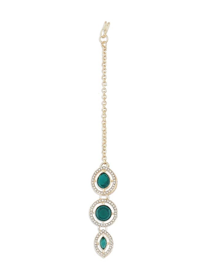 erorex - Green Stones Austrian Diamonds Flower Center Piece Necklace Earring Maangtikka Set For Women Zpfk17783 - Image 1