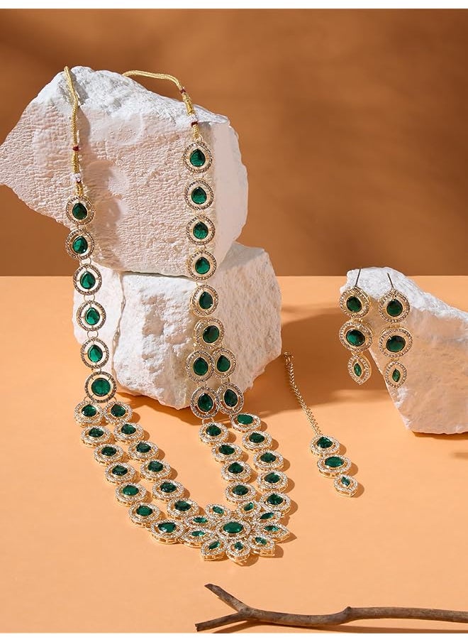 erorex - Green Stones Austrian Diamonds Flower Center Piece Necklace Earring Maangtikka Set For Women Zpfk17783 - Image 1