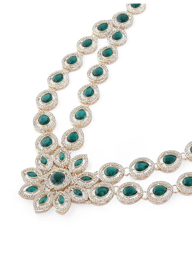erorex - Green Stones Austrian Diamonds Flower Center Piece Necklace Earring Maangtikka Set For Women Zpfk17783 - Image 1