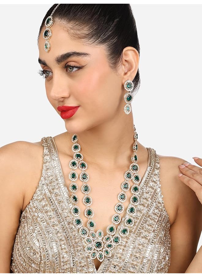 erorex - Green Stones Austrian Diamonds Flower Center Piece Necklace Earring Maangtikka Set For Women Zpfk17783 - Image 1