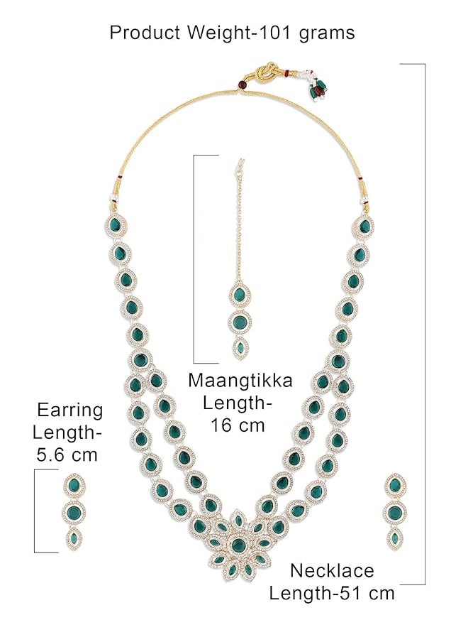 erorex - Green Stones Austrian Diamonds Flower Center Piece Necklace Earring Maangtikka Set For Women Zpfk17783 - Image 1