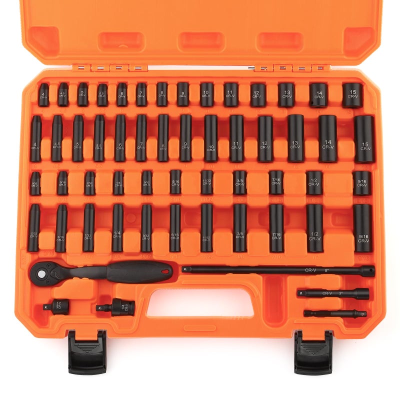 TOHOME 1/4" Drive Impact 56-Piece Socket Set, Standard SAE (5/32 to 9/16 inch) & Metric (4-15mm), 6 Points, CR-V, 1/4-Inch Drive Ratchet Handle, Drive Extension Bar & Impact Universal Joint with Case - Image 1