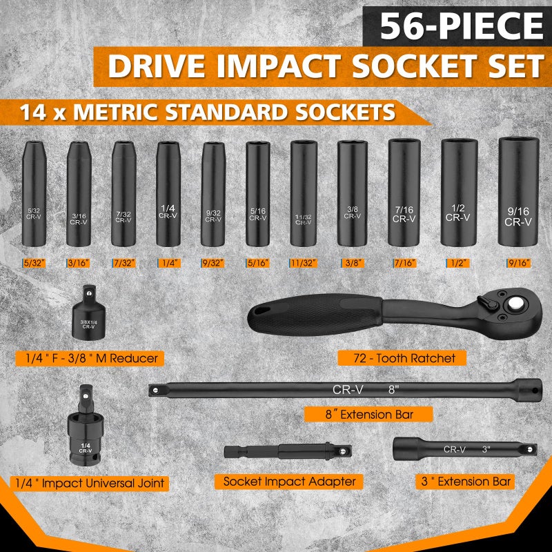 TOHOME 1/4" Drive Impact 56-Piece Socket Set, Standard SAE (5/32 to 9/16 inch) & Metric (4-15mm), 6 Points, CR-V, 1/4-Inch Drive Ratchet Handle, Drive Extension Bar & Impact Universal Joint with Case - Image 3
