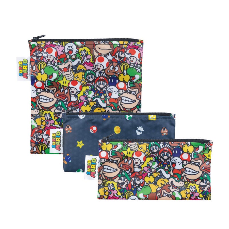 Bumkins Nintendo Reusable Sandwich and Snack Bags for Kids School Lunch and for Adults Portion Washable Fabric Waterproof Cloth Zip Bag Travel Pouch FoodSafe 3pk Super Mario