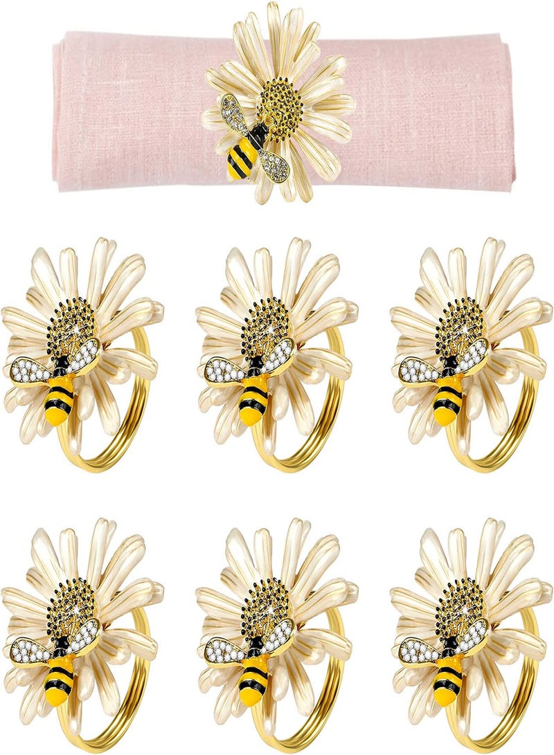 Gold Bee Sunflower Napkin Rings, Set of 6 Daisy Flower Holders for Table Decor, Perfect for Weddings, Parties, and Dining Events, Elegant Napkin Holders for Home and Banquet Settings  - Image 1