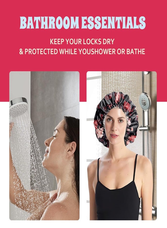BHAHB Luxury Shower Cap Reusable Waterproof Double Layer Elastic Adjustable Satin Lined Hair Bath Cap Cute Aesthetic Women Girls (Rose) - Image 5