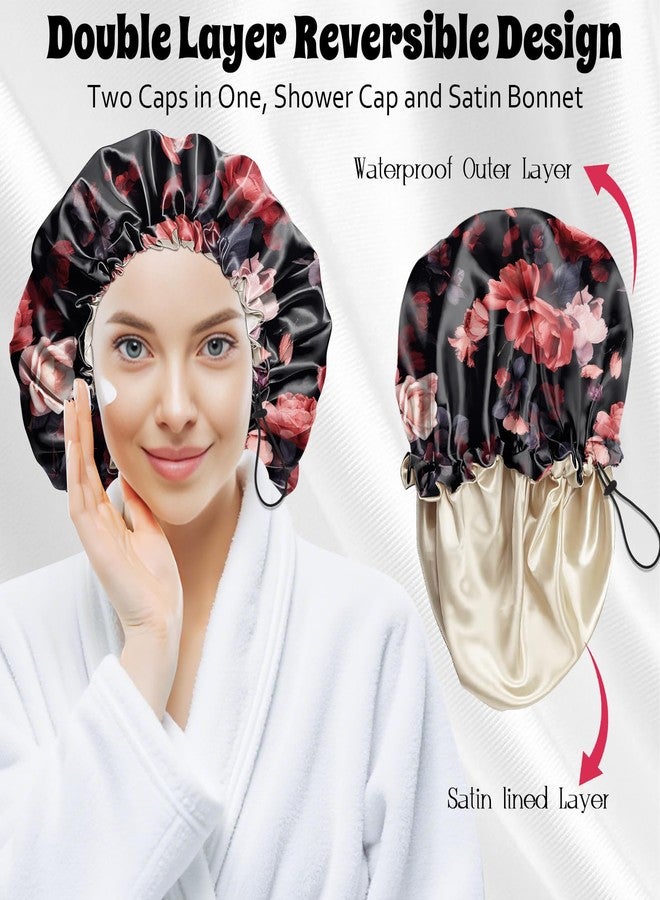 BHAHB Luxury Shower Cap Reusable Waterproof Double Layer Elastic Adjustable Satin Lined Hair Bath Cap Cute Aesthetic Women Girls (Rose) - Image 4