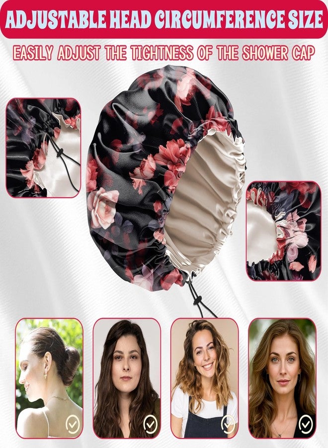 BHAHB Luxury Shower Cap Reusable Waterproof Double Layer Elastic Adjustable Satin Lined Hair Bath Cap Cute Aesthetic Women Girls (Rose) - Image 3