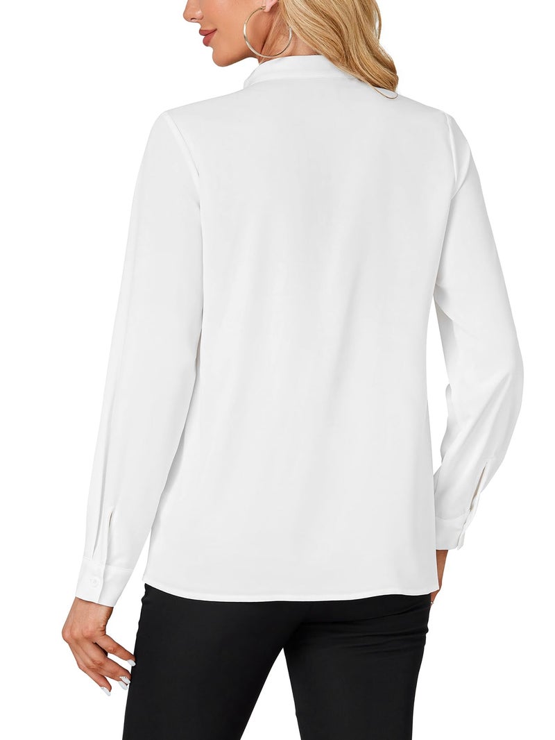 LYANER Women's Mock Neck Button Down Ruffle Front Long Sleeve Work Shirt Blouse Tops White Medium - Image 5