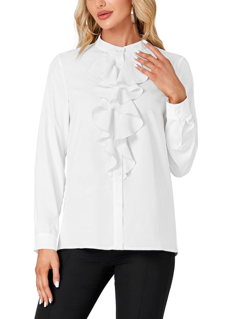 LYANER Women's Mock Neck Button Down Ruffle Front Long Sleeve Work Shirt Blouse Tops White Medium - Image 2