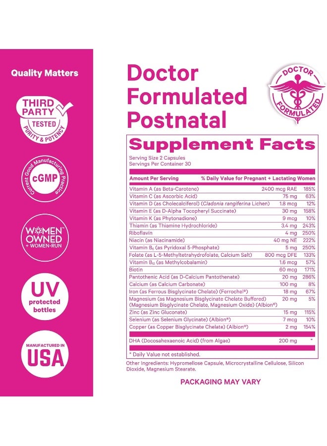 Pink Stork فيتامينات بينك ستورك الكاملة لما بعد الولادة للنساء - كبسولات بنكهة النعناع مع DHA نباتي، حديد، حمض الفوليك، وفيتامين B12، أساسيات التعافي بعد الولادة - Image 5