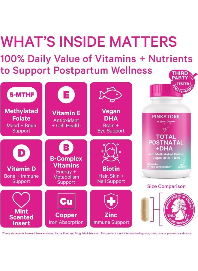 Pink Stork فيتامينات بينك ستورك الكاملة لما بعد الولادة للنساء - كبسولات بنكهة النعناع مع DHA نباتي، حديد، حمض الفوليك، وفيتامين B12، أساسيات التعافي بعد الولادة - Image 2