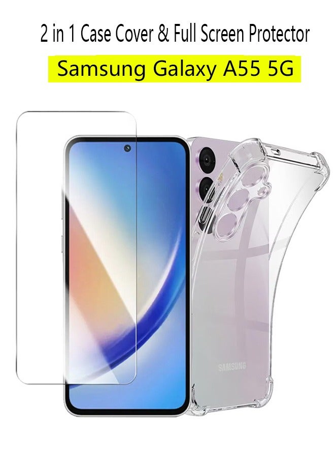 2 in 1 Samsung Galaxy A55 5G Phone Case Cover & Screen Protector - Shockproof Clear Slim TPU Protective Phone Cover & Full Coverage Delicate Touch Tempered Glass Screen Protector for Samsung Galaxy A55 5G - Image 1