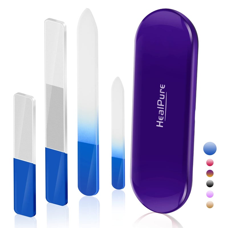 Glass Nail File and Nail Shiner 4PC Crystal Nail File and Nano Glass Nail Buffer Premium Set with Case Professional Manicure Tool Fingernail Czech File for Natural Nail Gift for Women and Girls