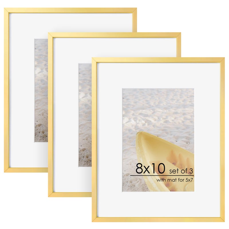 FLYJOE 8x10 Picture Frame with Mat to 5x7, Metal Picture Frame with Plexiglass,Set of 3, Gold - Image 1
