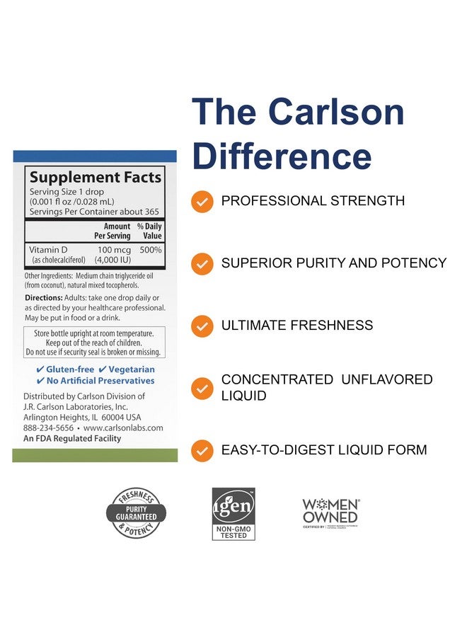 Carlson كارلسون - سوبر ديلي D3 4,000 وحدة دولية (100 ميكروغرام) لكل قطرة، فيتامين د قطرة، فيتامين د3 سائل، إمداد لمدة سنة، بدون نكهة، 365 قطرة (10.3 مل) - Image 5