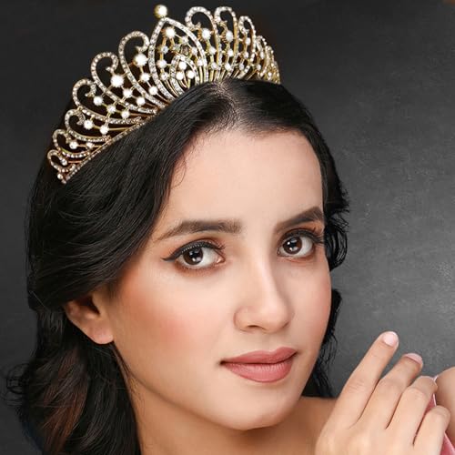 Peora Gold Plated Cubic Zirconia Studded Princess Tiara Crown for Girls & Women Birthday Hair Accessories - Image 3