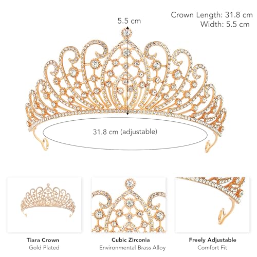 Peora Gold Plated Cubic Zirconia Studded Princess Tiara Crown for Girls & Women Birthday Hair Accessories - Image 4