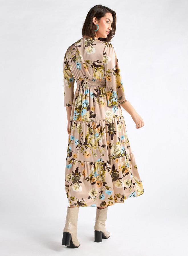 سبلاش فيڤ فستان ميدي بطبعات أزهار وتفاصيل دانتيل وأكمام 3/4 - Image 3