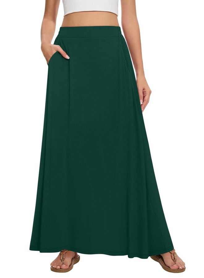 Leafsay Womens Maxi A-line Long Summer Skirt Elastic High Waist Flowy Skirt with Pockets, Dark Green, XXL - Image 1