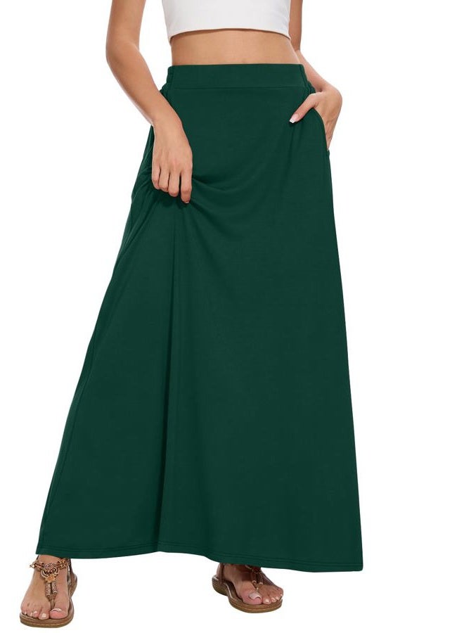 Leafsay Womens Maxi A-line Long Summer Skirt Elastic High Waist Flowy Skirt with Pockets, Dark Green, XXL - Image 2
