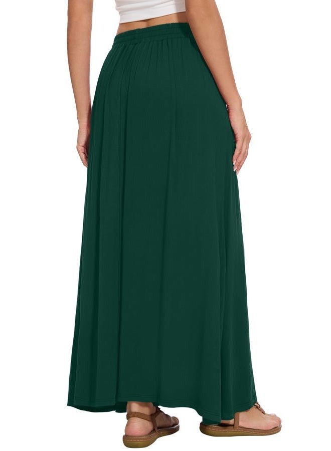 Leafsay Womens Maxi A-line Long Summer Skirt Elastic High Waist Flowy Skirt with Pockets, Dark Green, XXL - Image 3