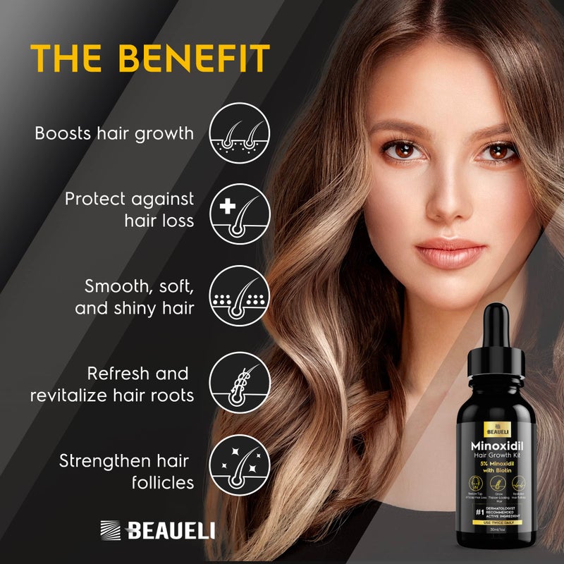 beaueli 5% Minoxidil Hair Growth for Men and Women: Extra Strength Minoxidil Regrowth Treatment Serum for Thinning Hair Loss to Grow Thicker Fuller Faster 30ml 3Bottles - Image 3